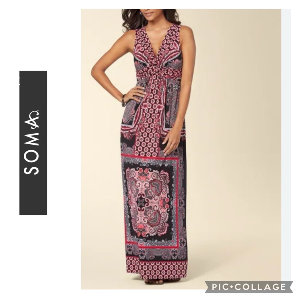 Soma Sleeveless Maxi Dress V-Neck Twist Front Printed Stretch Lounge Size S